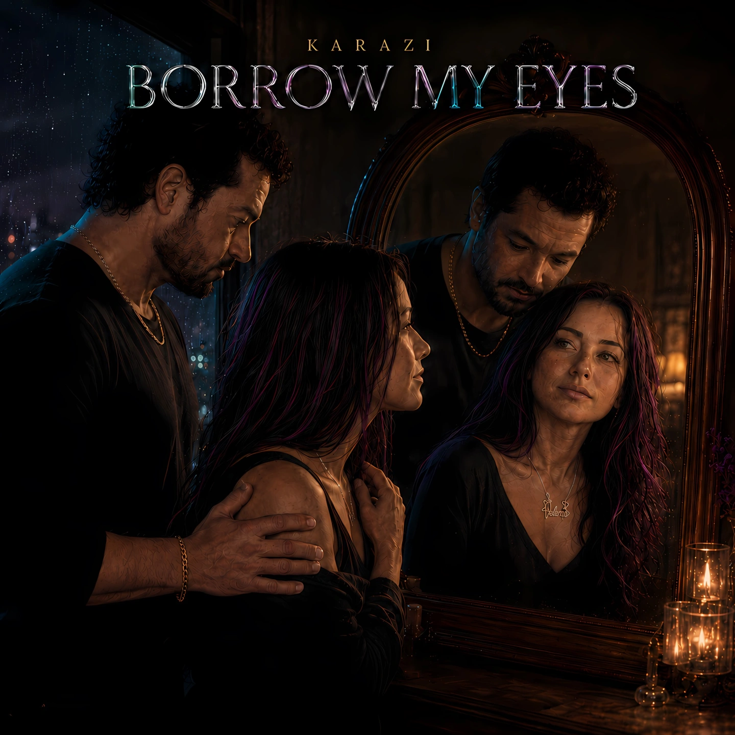 Cover art for Borrow My Eyes, showing a man and woman facing each other beside a mirror at night.