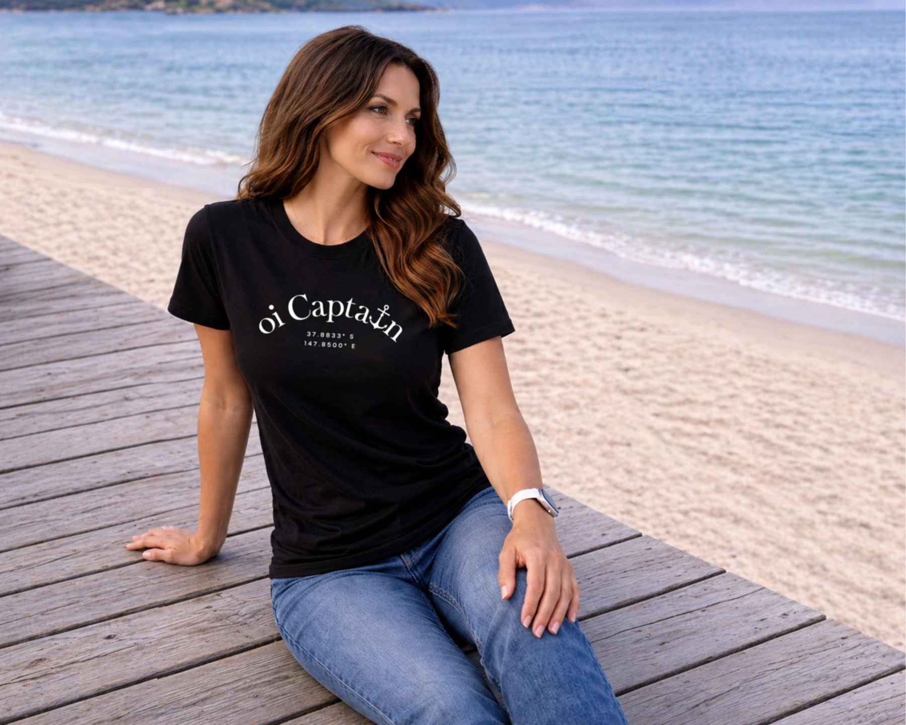 female model wearing oi captain la bella vita tshirt black front coastal lifestyle.jpg