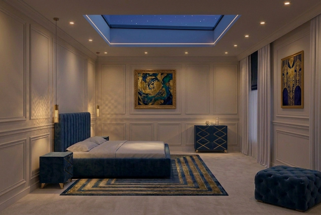 Firefly_Gemini Flash_add gold artistic painting to the back wall and one above the bed, different painting 699991.png