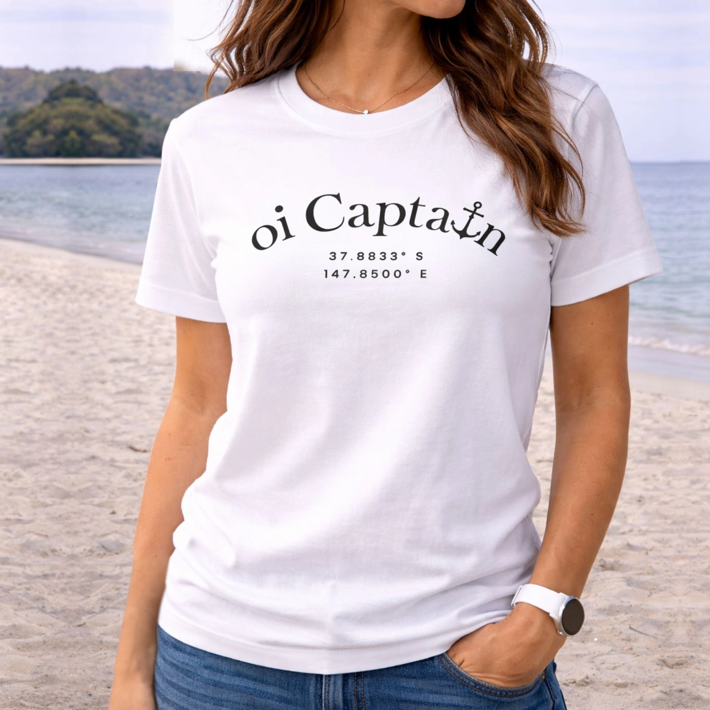 oi captain female model wearing la bella vita t shirt white front coastal vibes.jpg