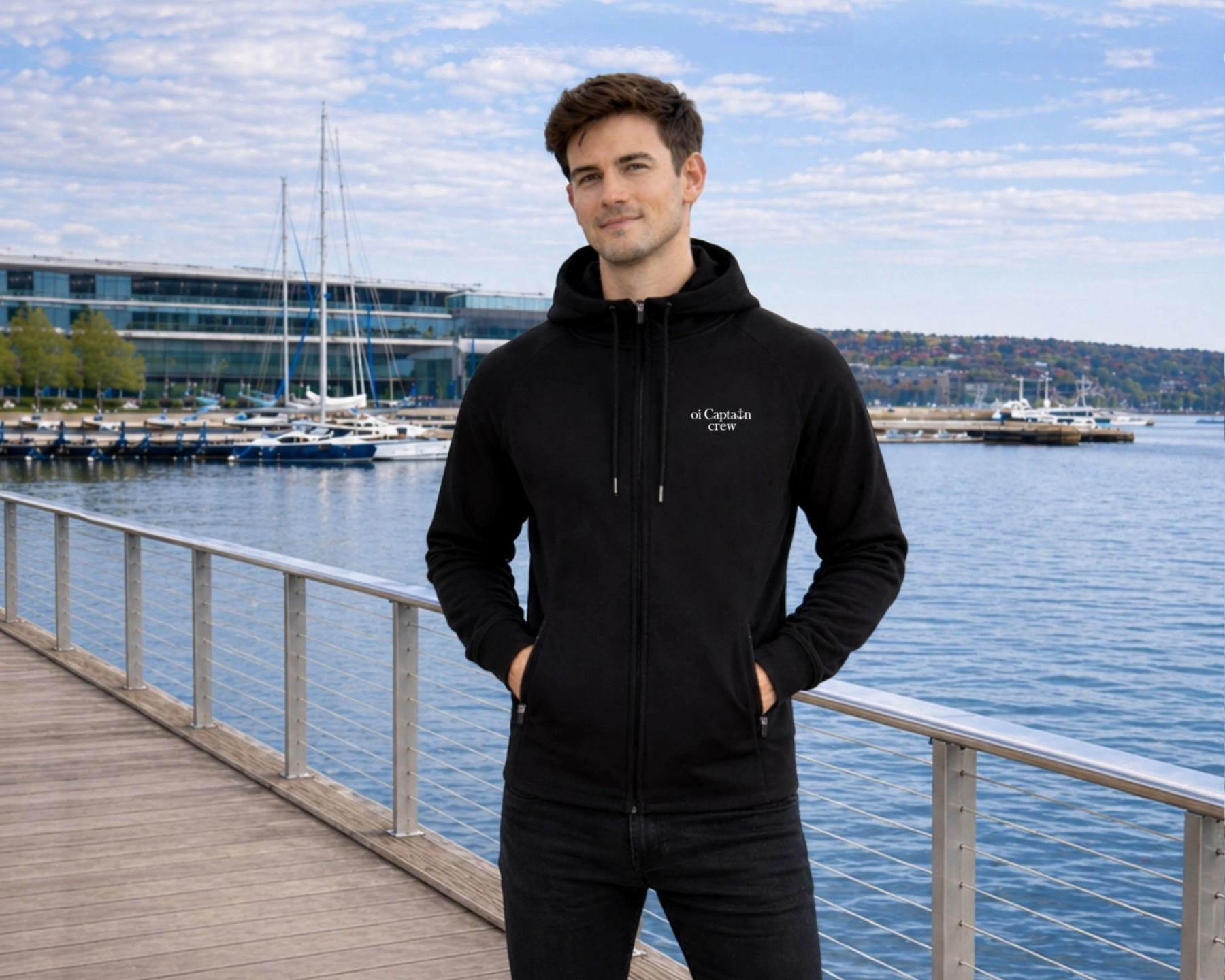 oi captain male model wearing le grand hoodie full zip black front boating coastal winter vibes.jpg