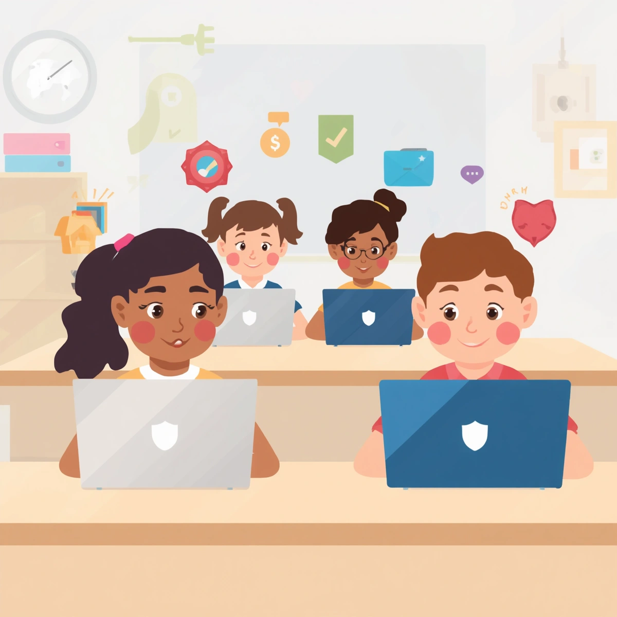 Children aged 8-10 using laptops learning internet safety, shields and privacy icons subtly included, classroom setting, educational illustration, soft pastel colors, modern clean style, positive learning atmosphere.jpg