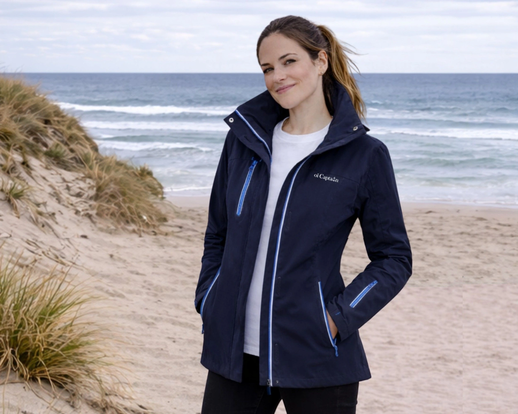 female model wearing oi captain caravela shell jacket navy casual pose coastal lifestyle.jpg
