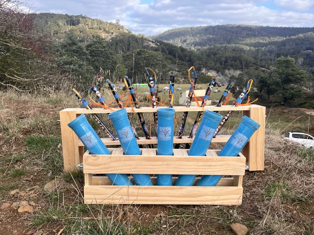 Pyrotechnic racks and mortar tubes arranged for a fireworks show