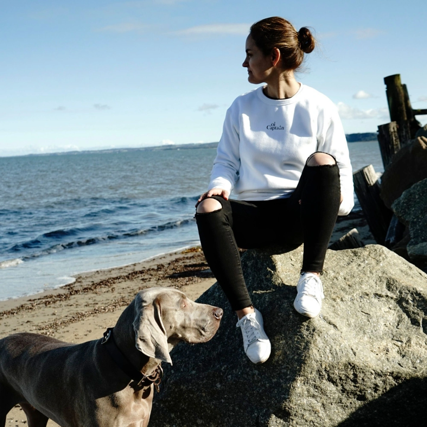 oi captain dolce vita sweatshirt white front view outdoors with weimaraner dog harvey.jpg